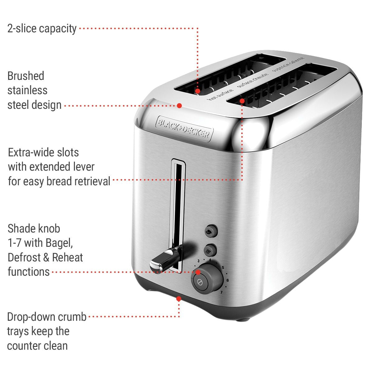 Kitchen Tools Extra Wide Slots Toaster with 7 Settings, Stainless Steel, 2-Slices Y5Z4 - product image 3