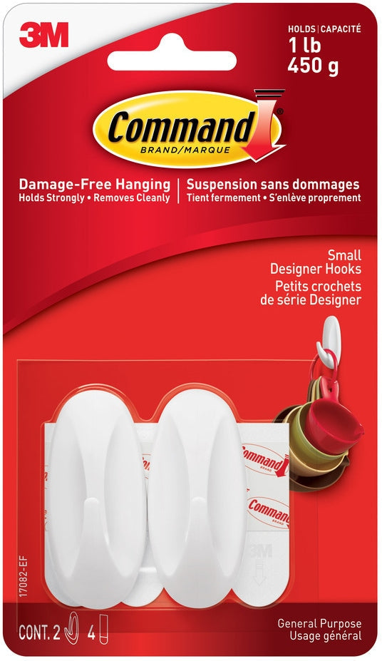 Small Designer Hooks with Adhesive Strips, White, 1-lb, 2 Strips per Pack P1V5 - product image 1