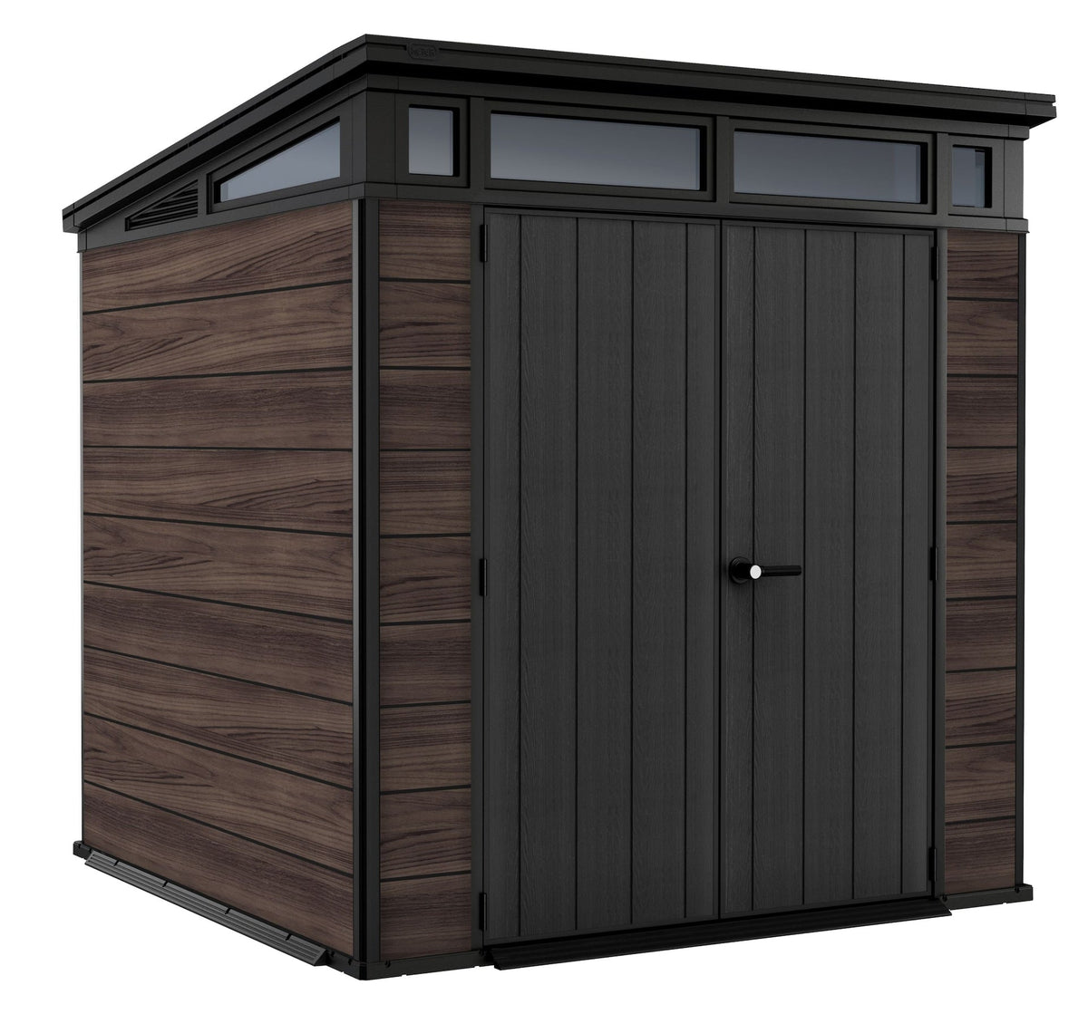 Pent Durable DecoCoat Lockable 2-Door Resin Outdoor Storage Shed with Windows, Brown, 7-ft x 7-ft W2C8 - product image 1