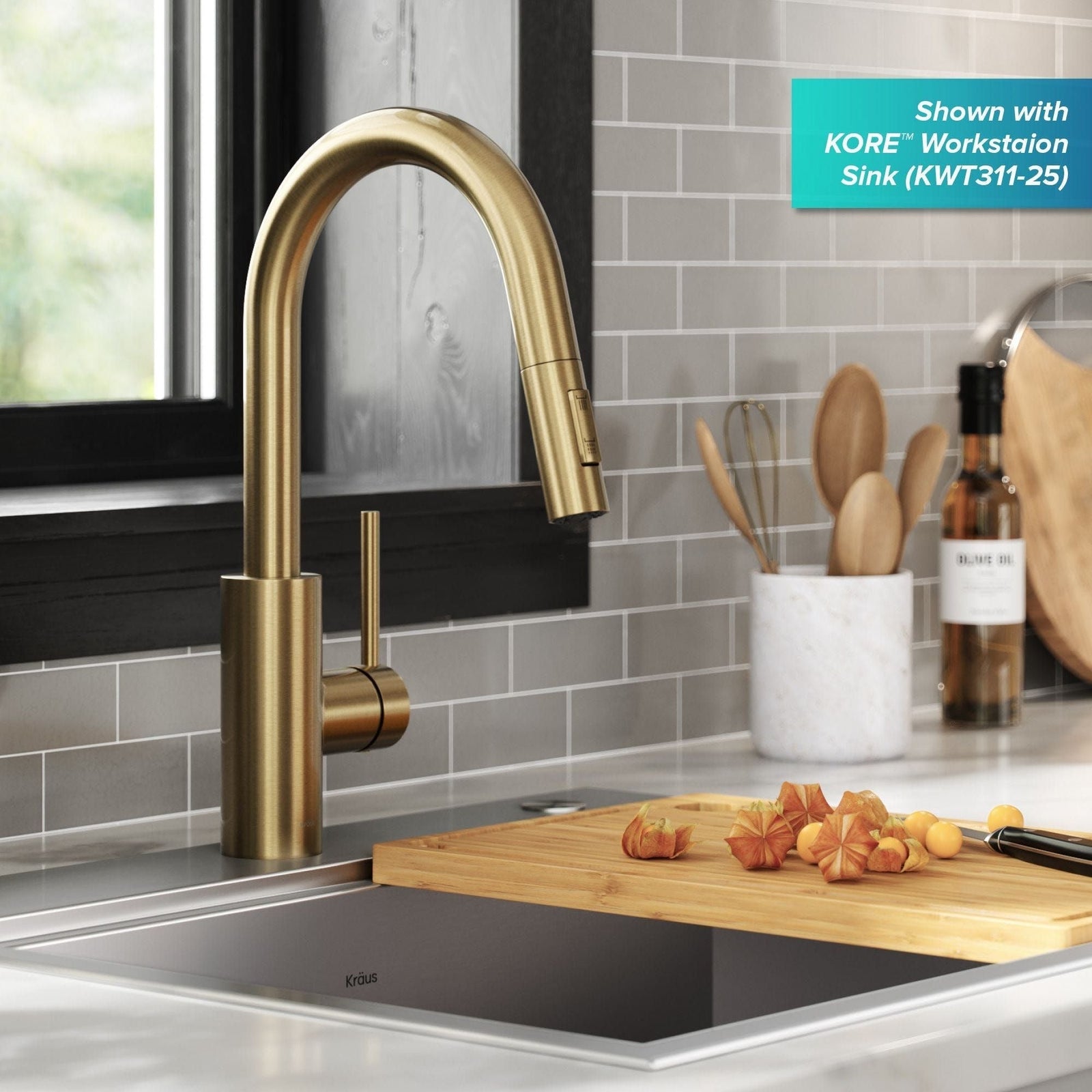 Oletto Pull-Down Single Handle Kitchen Faucet with QuickDock Top Mount Installation Assembly, Spot Free Antique Champagne Bronze D8F6 - product image 3