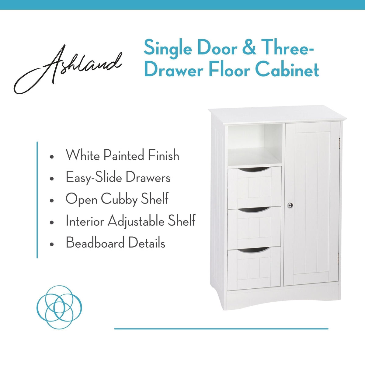 Home Ashland Single Door Bathroom & Laundry Storage Cabinet with 3 Drawers, Open Cubby & Adjustable Shelf, White Y6Z5 - product image 3
