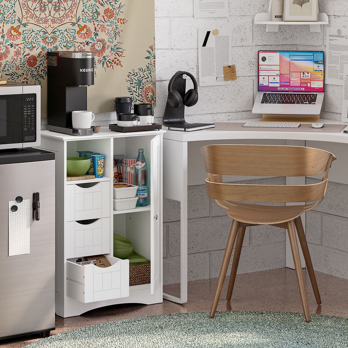 Home Ashland Single Door Bathroom & Laundry Storage Cabinet with 3 Drawers, Open Cubby & Adjustable Shelf, White Y6Z5 - product image 8