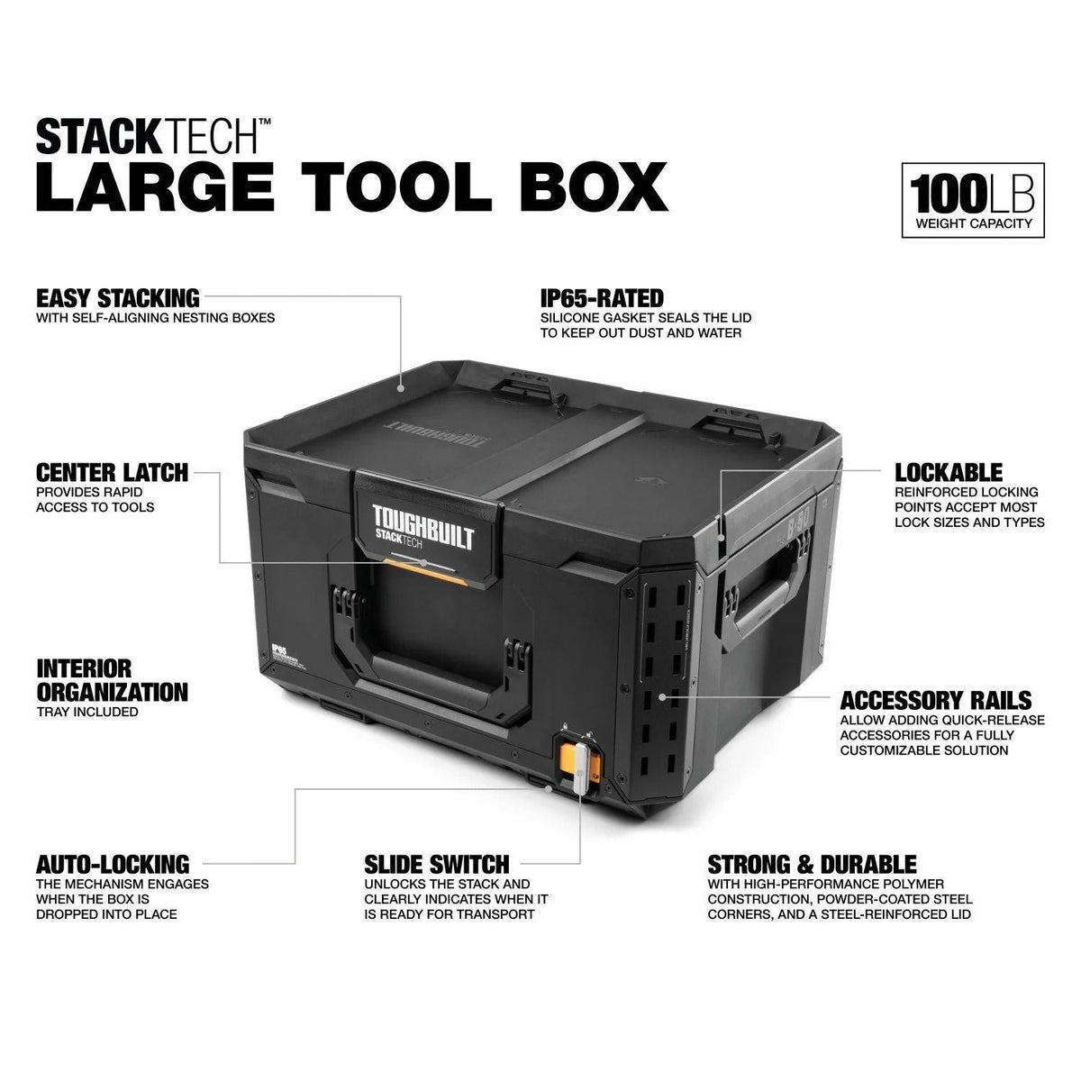 StackTech Middle Portable Modular Plastic/Metal Tool Box with Inner Tray, IP65-Rated, Black U1M7 - product image 2