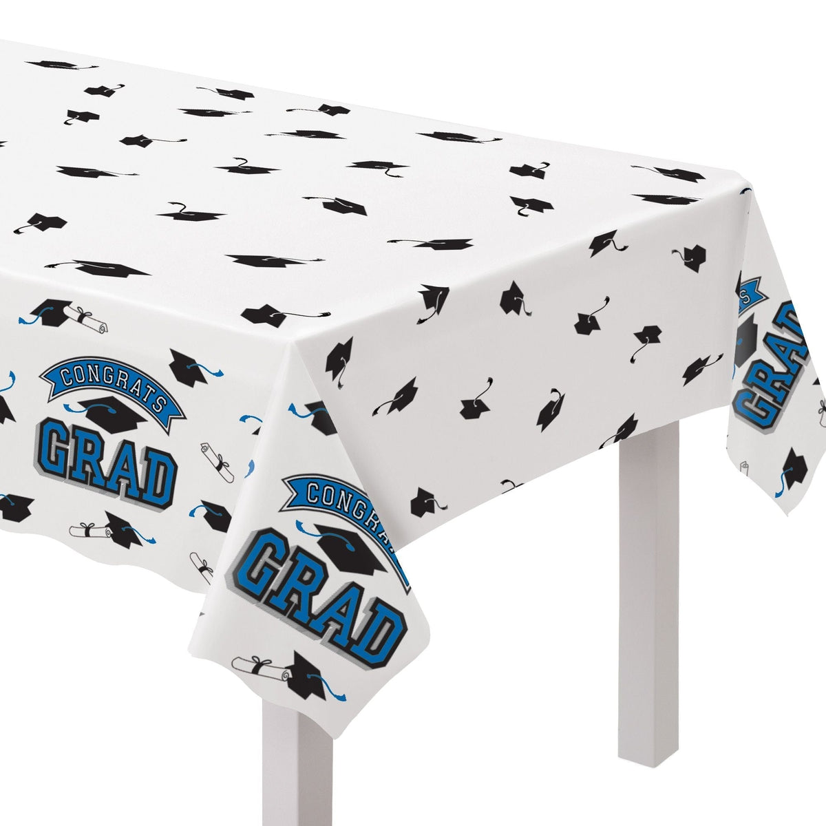 "Congrats Grad" Rectangle Plastic Reusable Table Cover, Navy, 54x84-in, for Graduation Q8O4 - product image 1