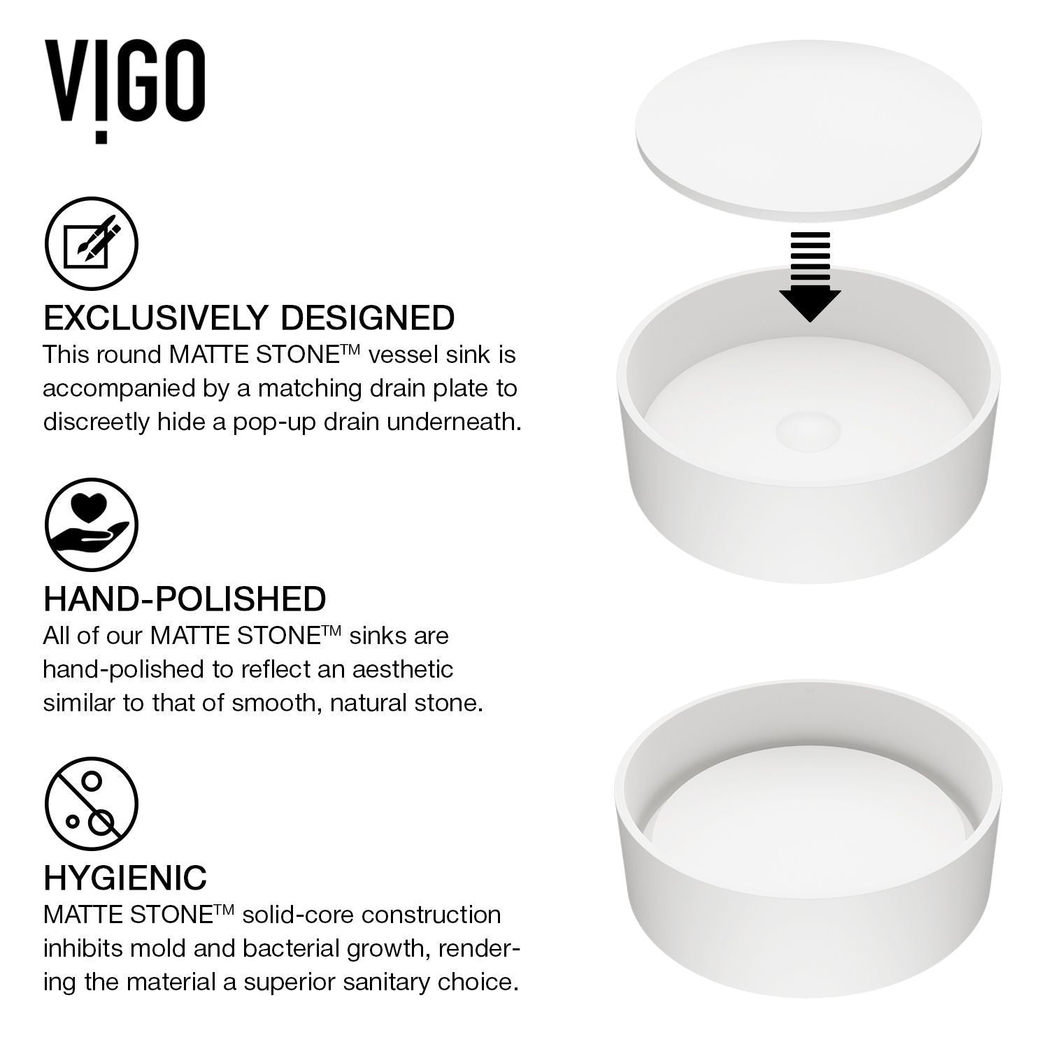 Anvil MatteStone Round White Composite Bathroom Sink/Basin Set with Gotham Faucet and Pop-Up Drain W9E8 - product image 4