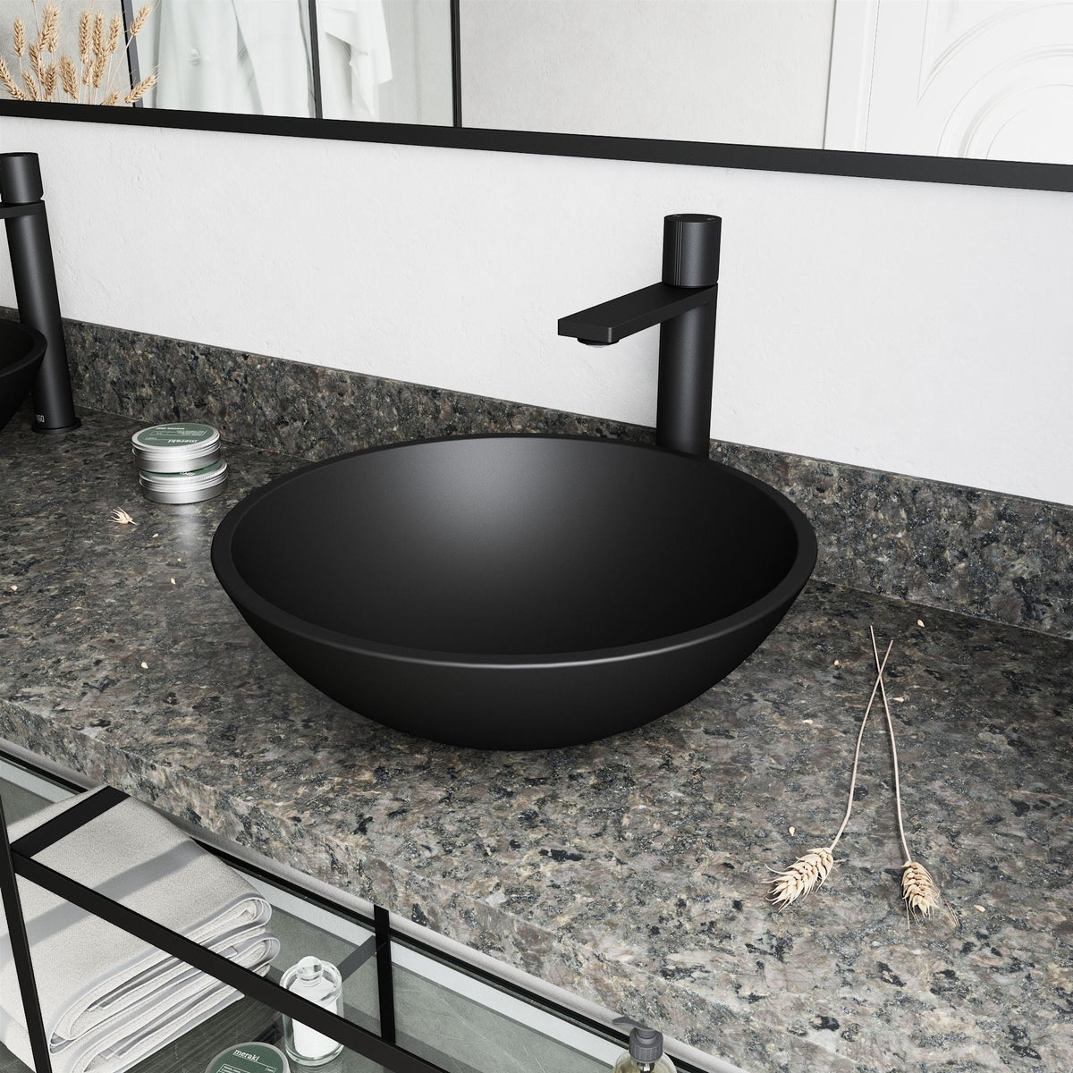 Cavalli MatteShell Matte Black Bathroom Sink/Basin Set with Gotham Faucet and Round Glass Vessel B2B6 - product image 8