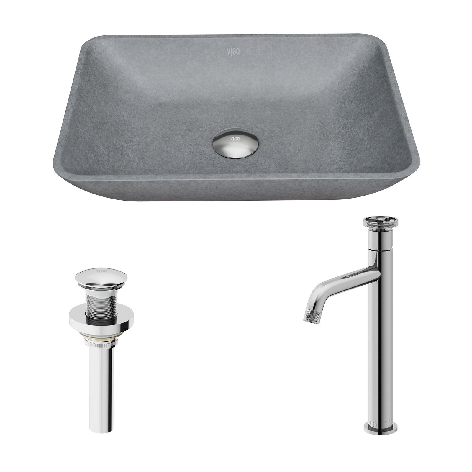 Duomo Gothic ConcretoStone Grey Bathroom Sink/Basin Set with Cass Faucet and Rectangular Vessel I7I7 - product image 2