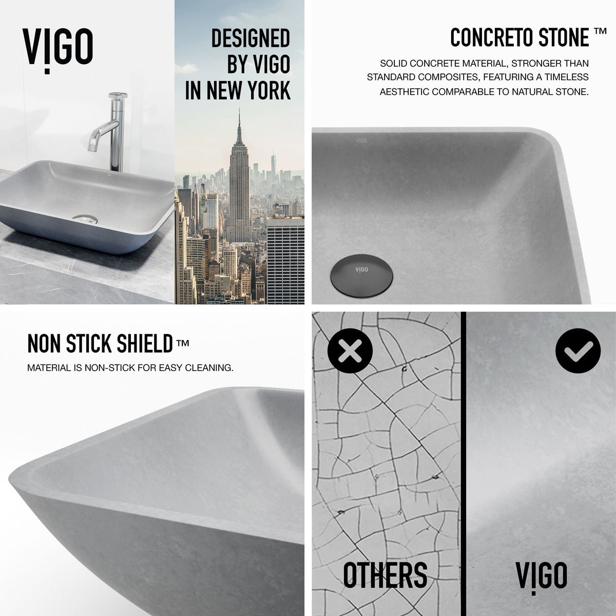 Duomo Gothic ConcretoStone Grey Bathroom Sink/Basin Set with Cass Faucet and Rectangular Vessel I7I7 - product image 5