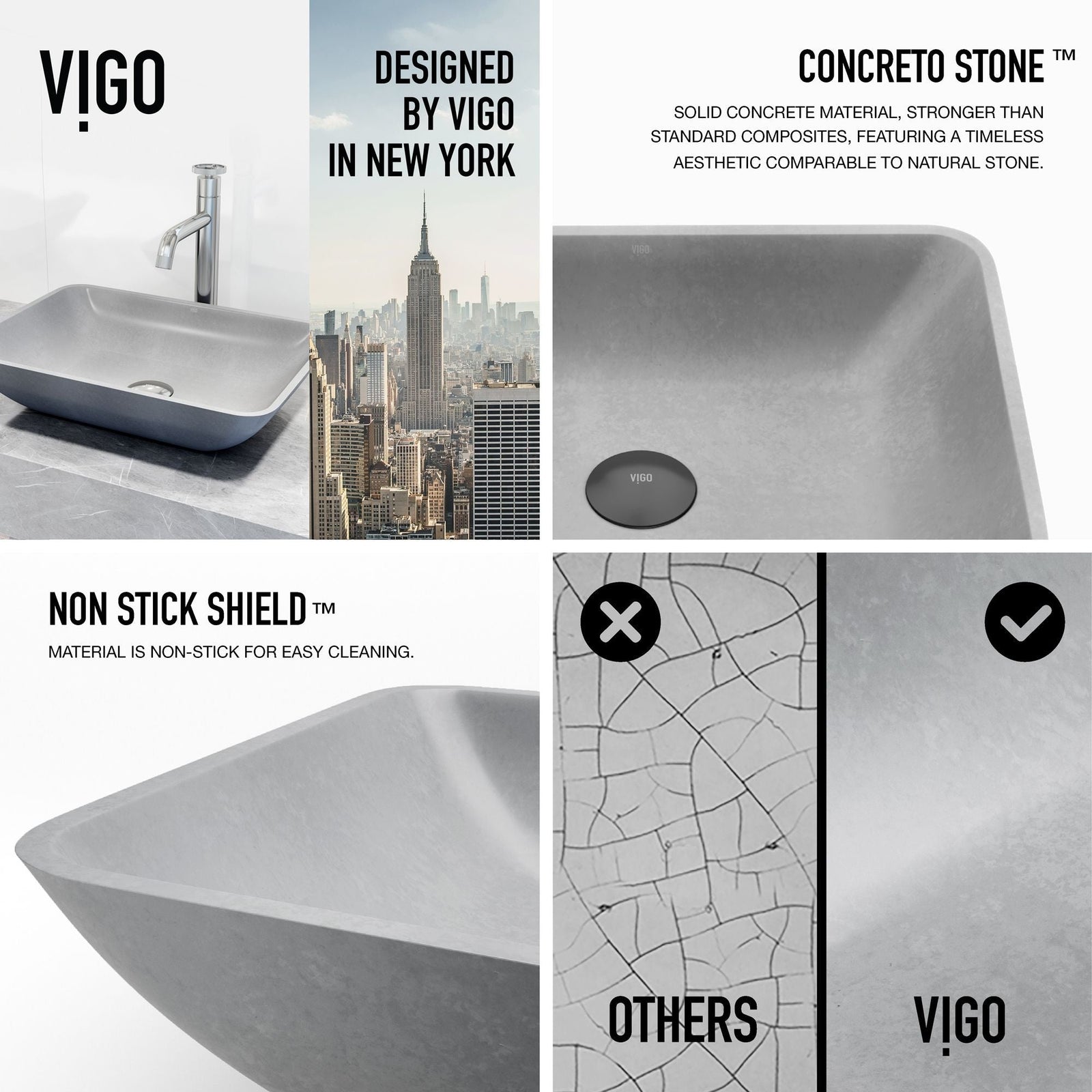Duomo Gothic ConcretoStone Grey Bathroom Sink/Basin Set with Cass Faucet and Rectangular Vessel T0K2 - product image 5