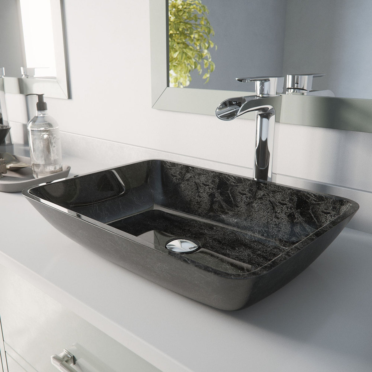 Glass Grey Onyx Bathroom Sink/Basin Set with Niko Faucet and Rectangular Vessel T4N0 - product image 8
