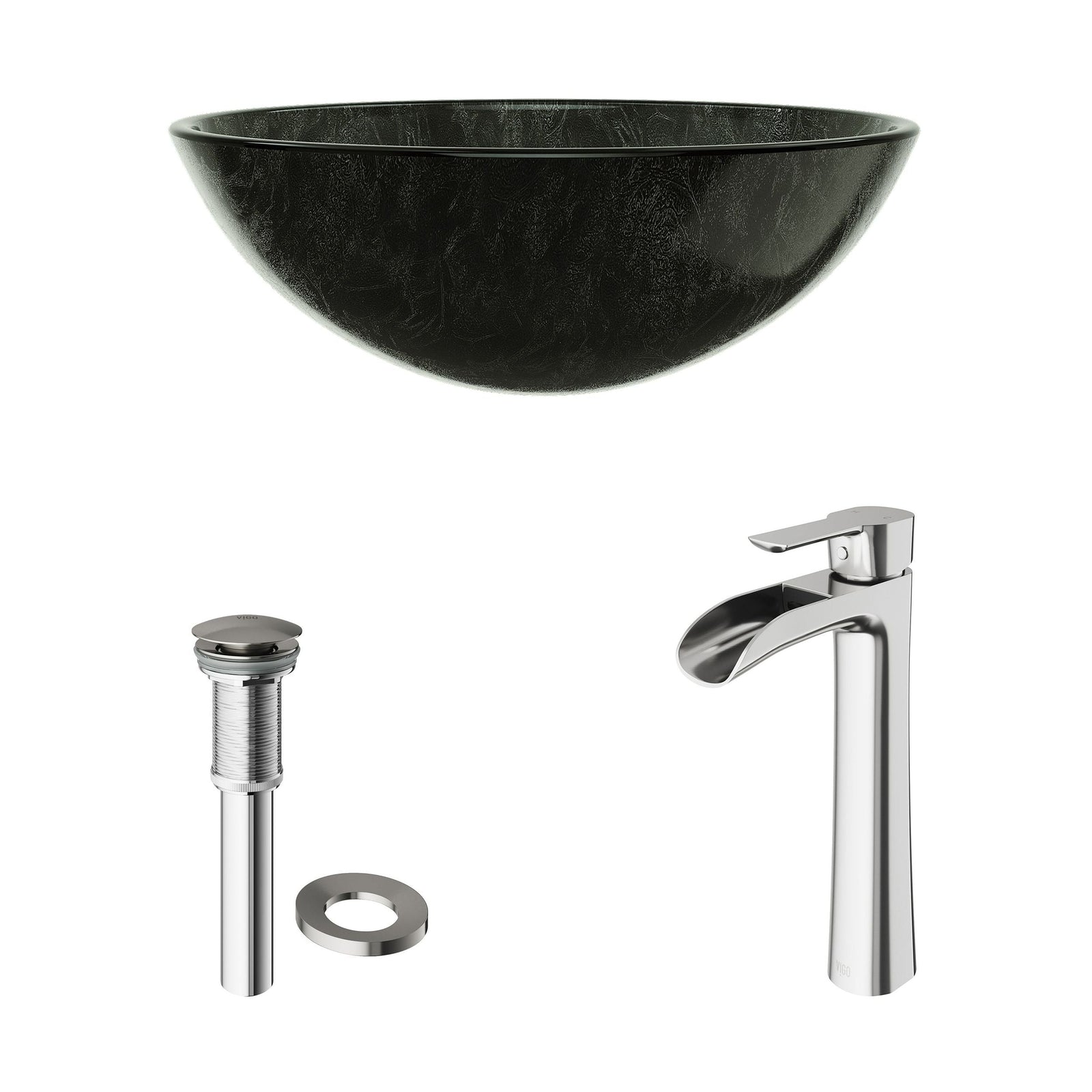 Glass Grey Onyx Bathroom Sink/Basin Set with Niko Faucet and Round Vessel A8N6 - product image 2