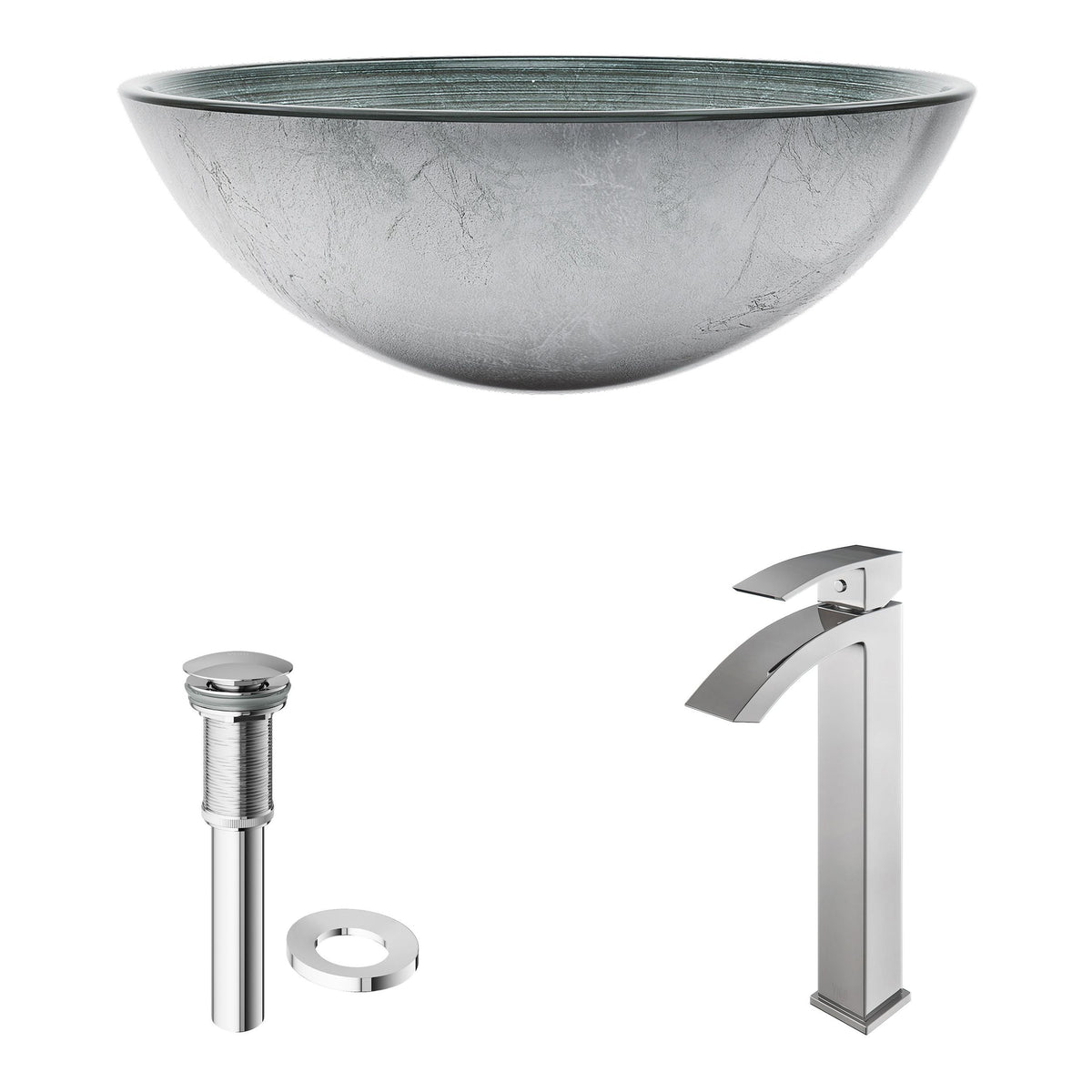 Glass Simply Silver Bathroom Sink/Basin Set with Chrome Duris Faucet and Round Vessel S4R3 - product image 2