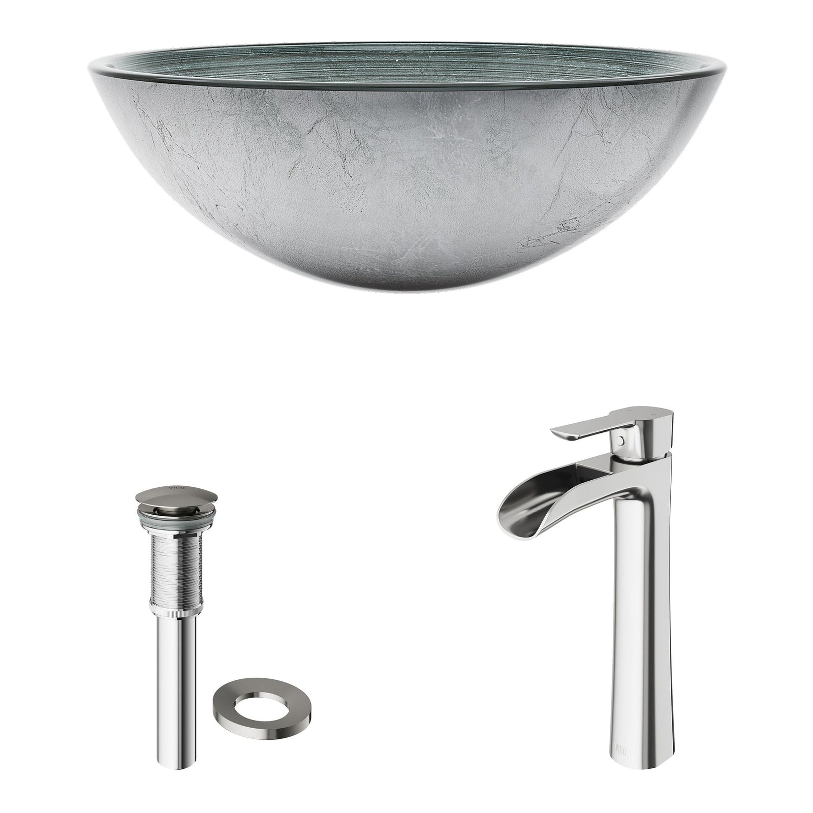 Glass Simply Silver Bathroom Sink/Basin Set with Niko Faucet and Round Vessel N4B3 - product image 2
