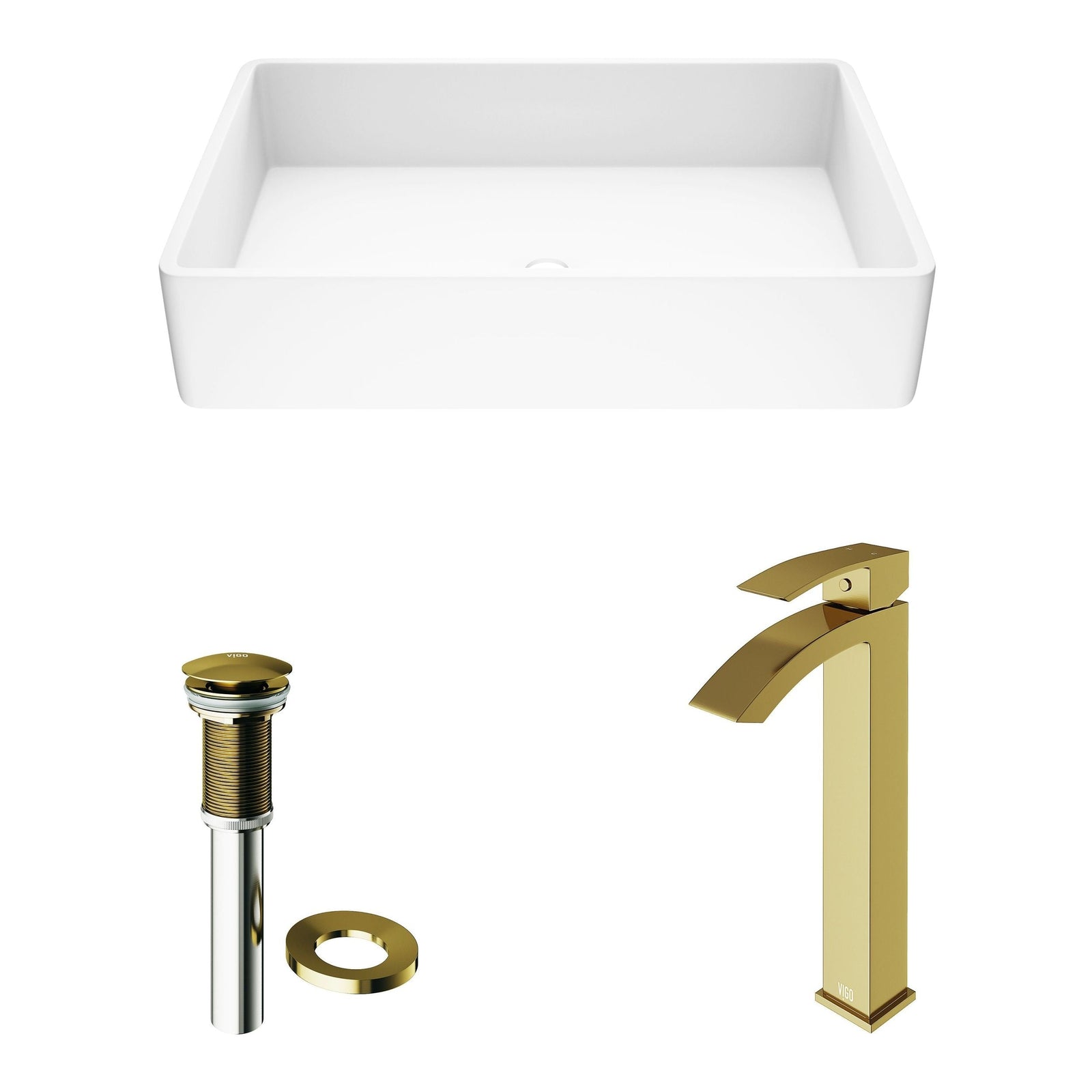 Magnolia MatteStone White Bathroom Sink/Basin Set with Matte Gold Duris Faucet and Rectangular Composite Vessel Y9P0 - product image 2