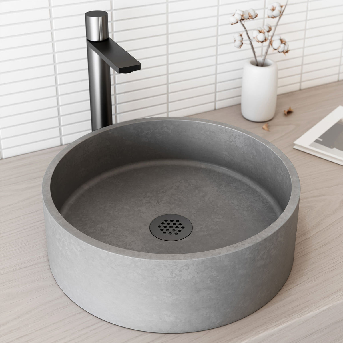 Palermo Gothic ConcretoStone 15x15-in Deep Grey Bathroom Sink/Basin with Round Vessel O7H1 - product image 5