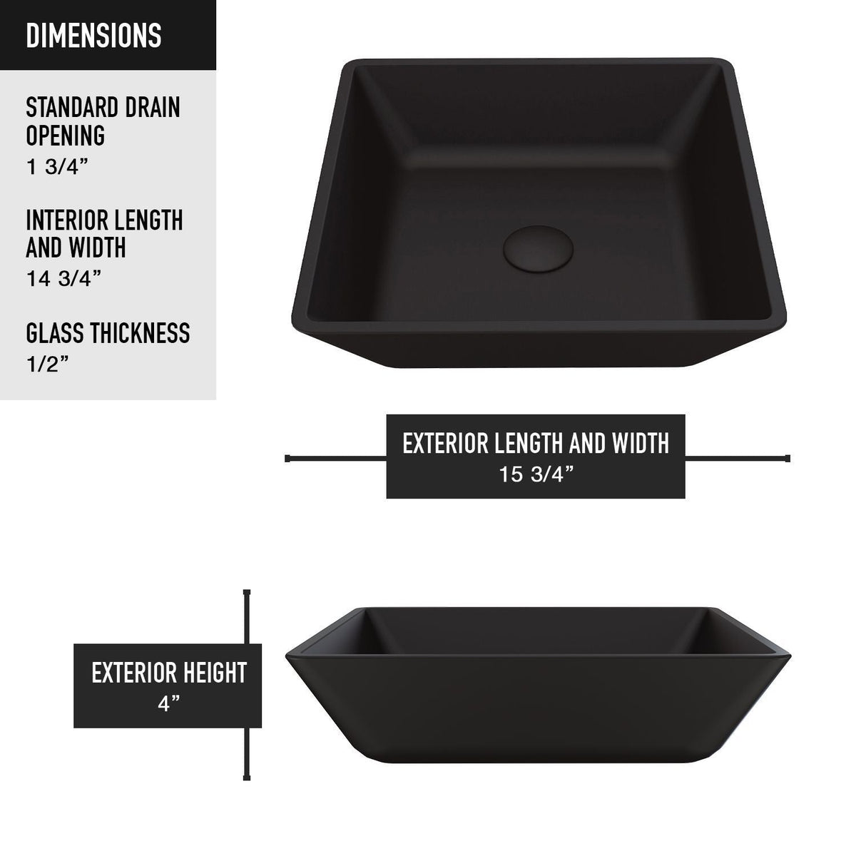 Roma MatteShell Matte Black Bathroom Sink/Basin Set with Lexington Faucet and Glass Square Vessel S4M1 - product image 7