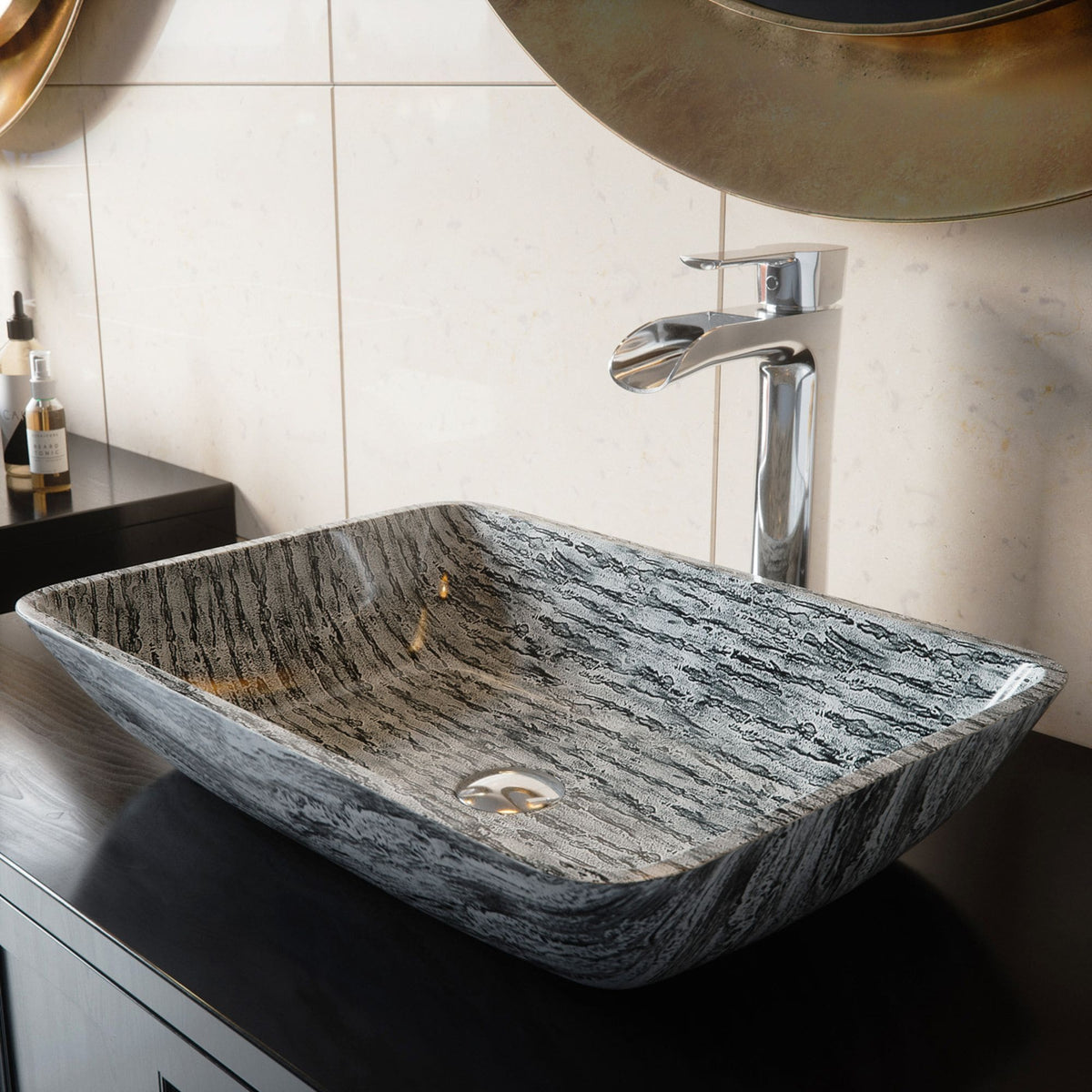 Titanium Glass Slate Grey Bathroom Sink/Basin Set with Niko Faucet and Rectangular Vessel N1N8 - product image 5