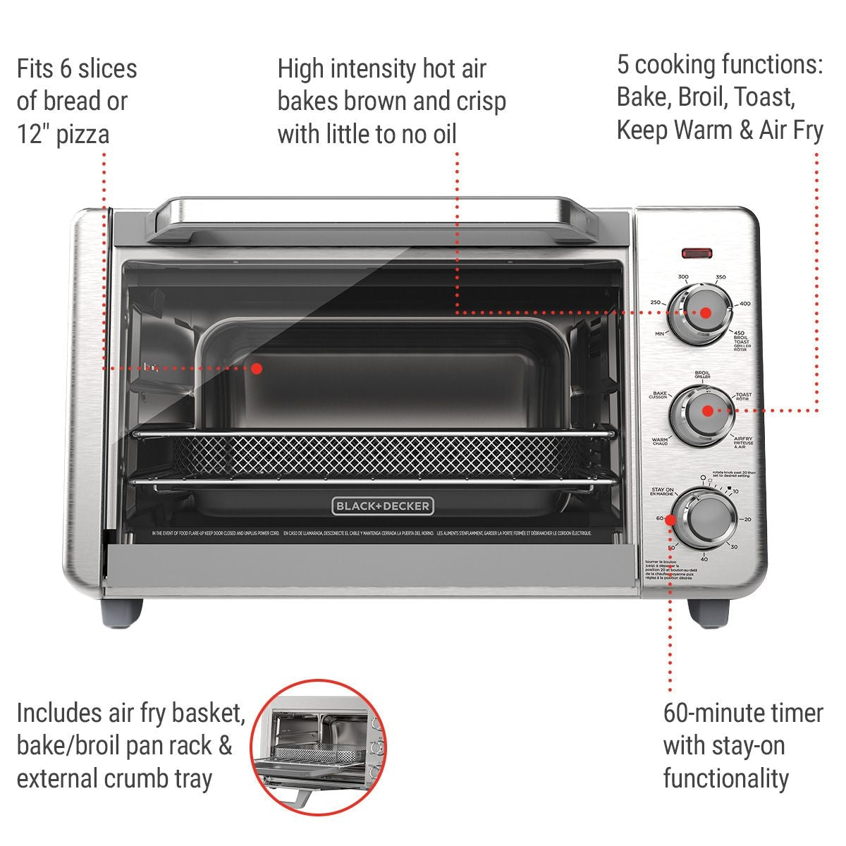 Crisp 'N bake 6-Slice Air Fryer Toaster Oven, Stainless Steel, 5 Cooking Functions C8Q9 - product image 3