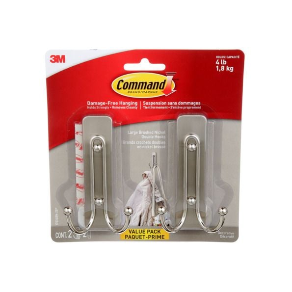 Large Decorative Double Hooks Value Pack with Adhesive Strips, Brushed Nickel, 4-lbs, 2 Strips per Pack F3O6 - product image 1