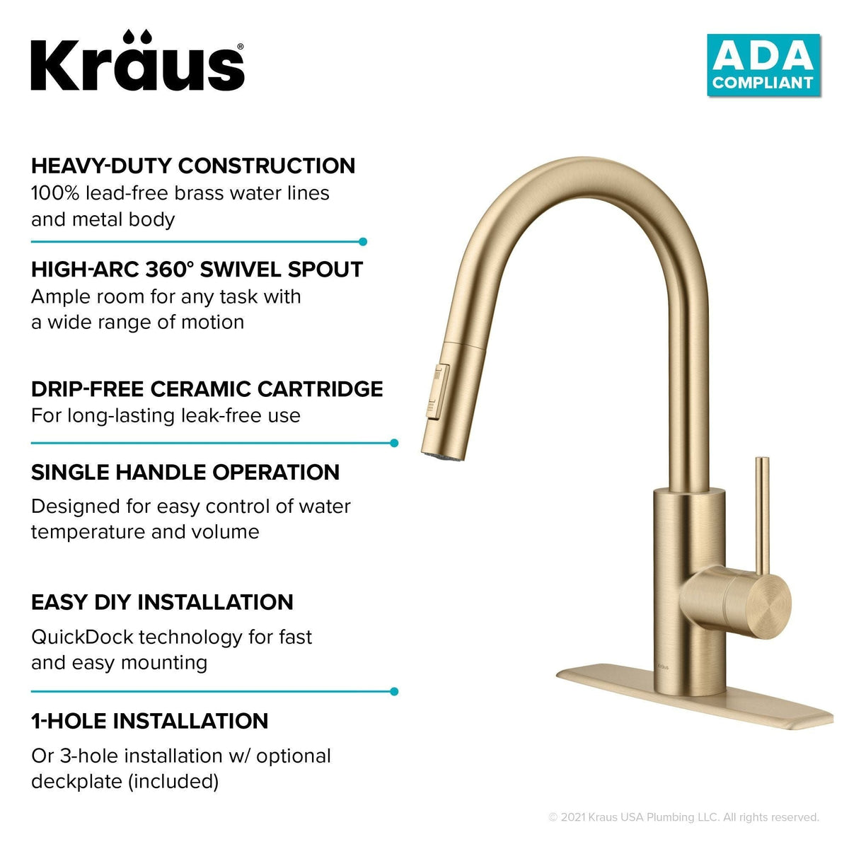 Oletto Pull-Down Single Handle Kitchen Faucet with QuickDock Top Mount Installation Assembly, Spot Free Antique Champagne Bronze D8F6 - product image 8
