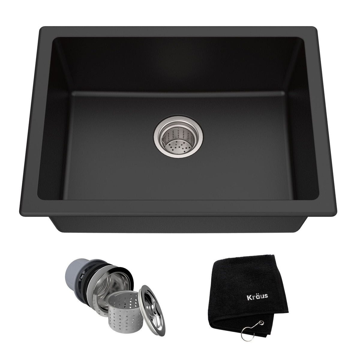 Quarza Top/Undermount Granite Single Bowl Kitchen Sink, Black Onyx, 24x18x9-in L0L6 - product image 1