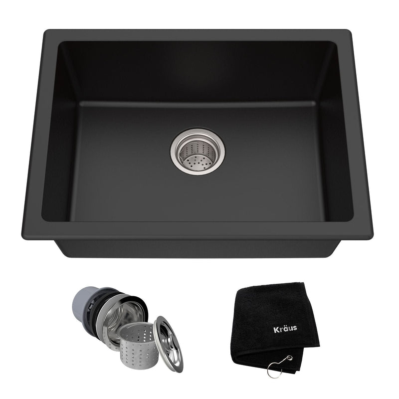 Quarza Top/Undermount Granite Single Bowl Kitchen Sink, Black Onyx, 24x18x9-in L0L6