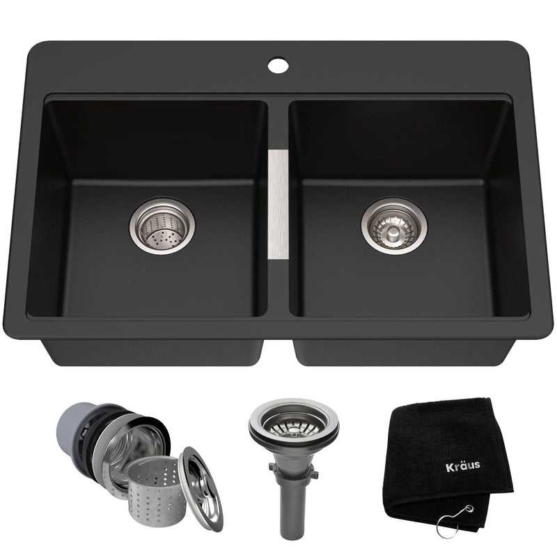 Quarza Undermount Granite Double Bowl Kitchen Sink, Black Onyx, 33x22x10-in H7V9