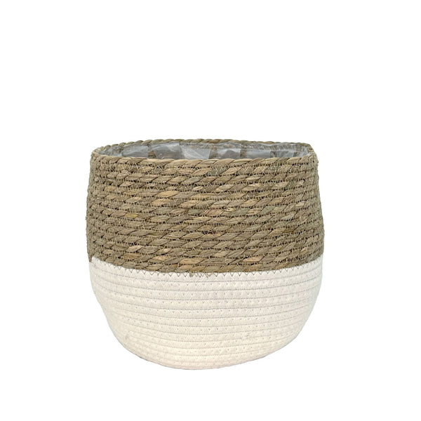 Weave Cotton Jute Round Basket Planter with Leaf-Proof Plastic Lining, 8-in P3Q0