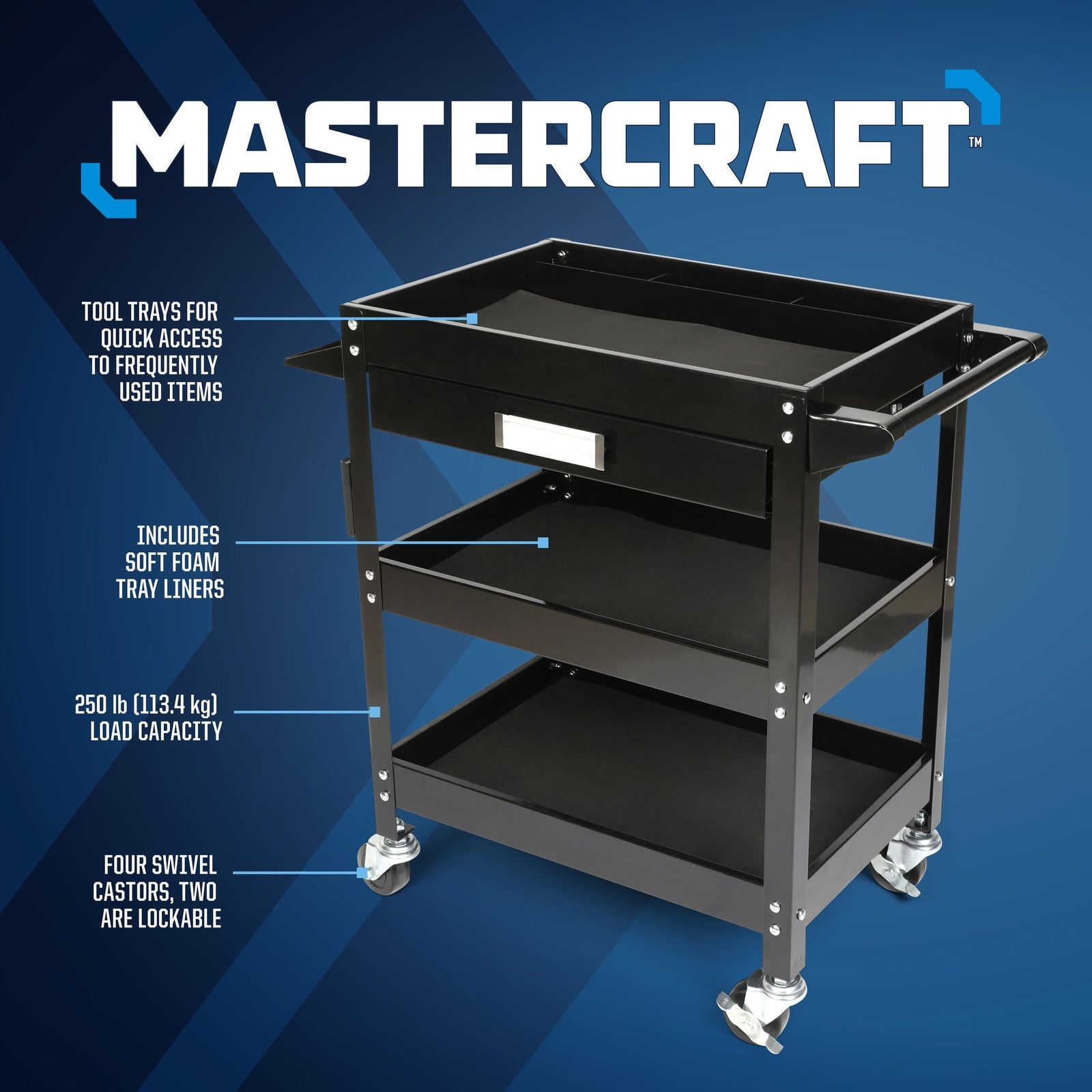 3-Tier Work Cart with Swivel Casters, 250-lb B7H4 - product image 2