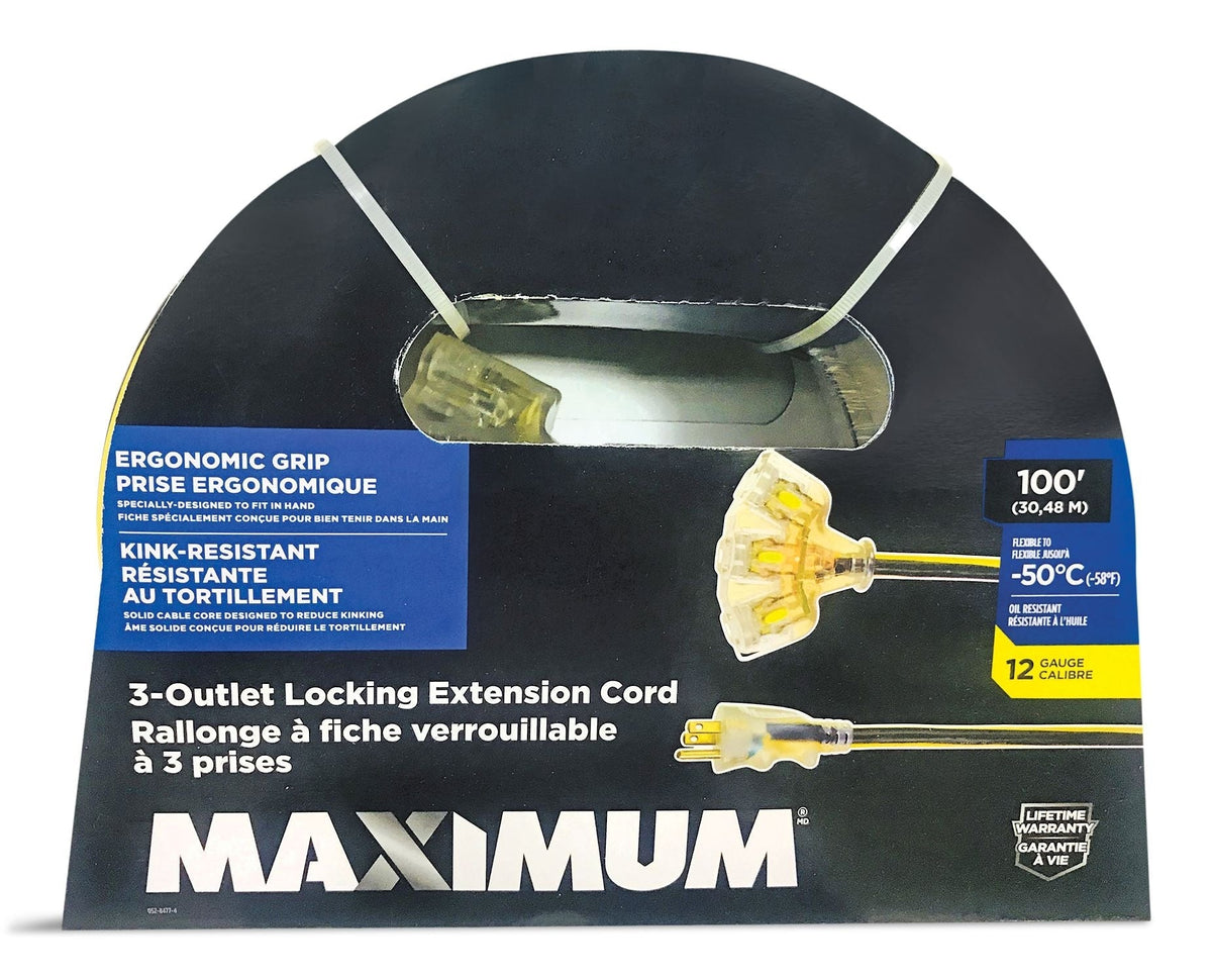 100-ft 12/3 Outdoor Extension Cord with 3 Grounded Outlets, Lighted End and Locking Connector, Yellow/Black P1R5 - product image 1