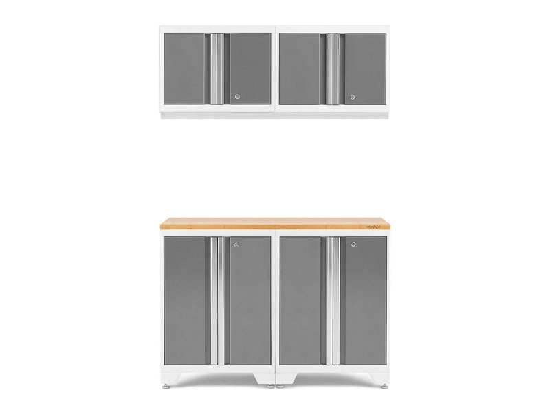 Bold 3.0 Series All-in-One Lockable Steel Garage Cabinetry Set with Bamboo Top, White/Platinum, 48-in x 18-in x 76.75-in, 5-pc R8E2