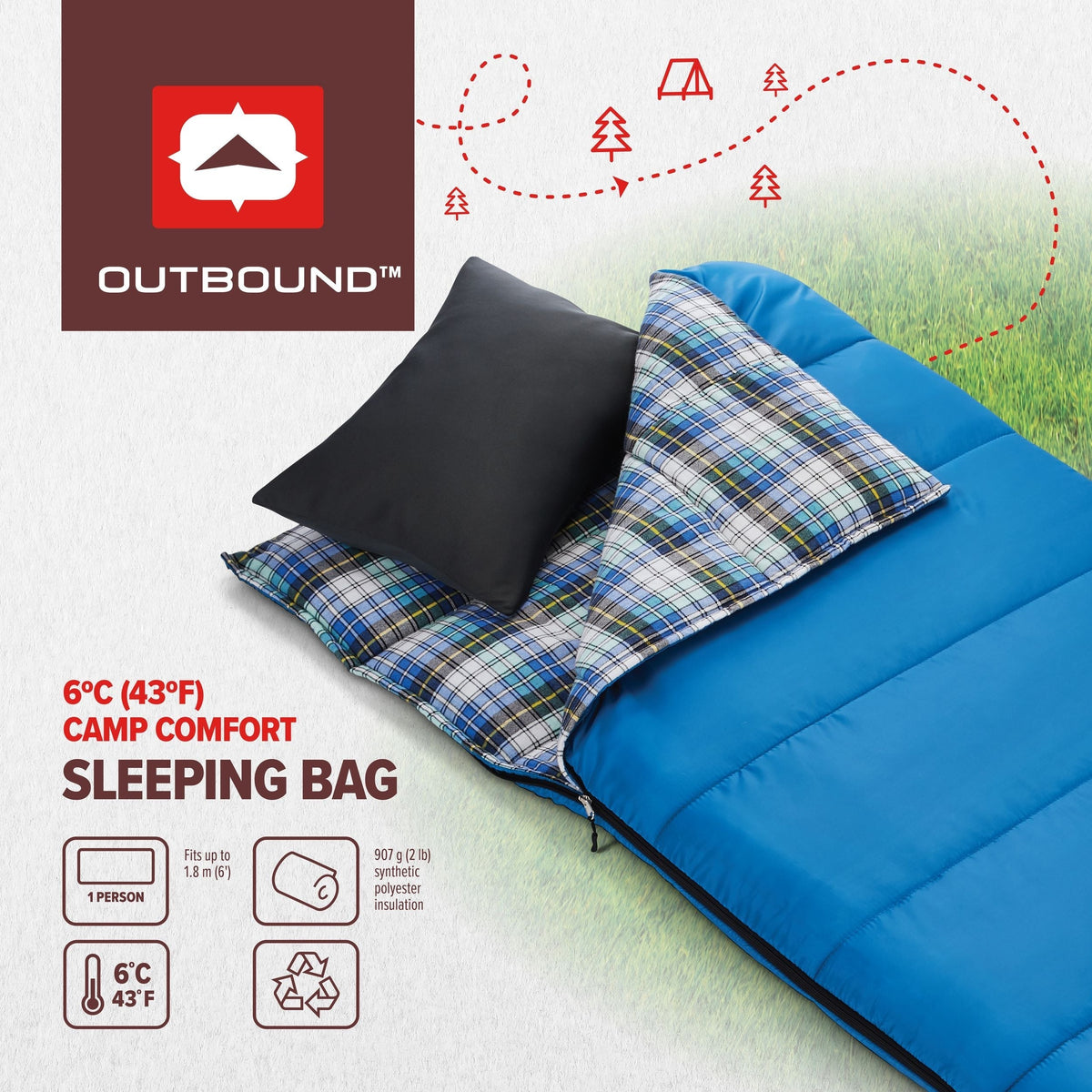 Comfort 5°C Insulated Cotton Lined Mild Weather Sleeping Bag with Compression Sack, Blue S7A7 - product image 3
