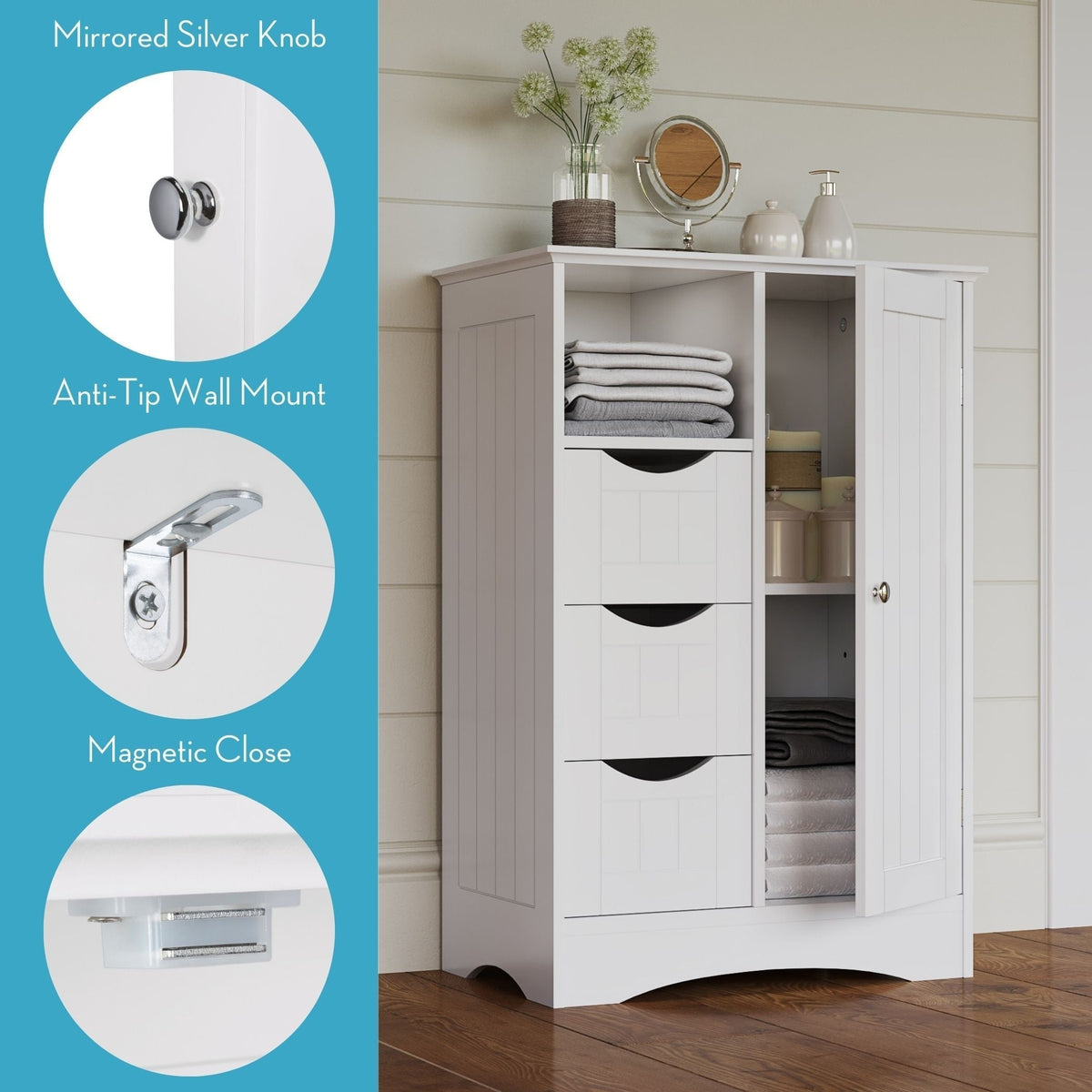 Home Ashland Single Door Bathroom & Laundry Storage Cabinet with 3 Drawers, Open Cubby & Adjustable Shelf, White Y6Z5 - product image 4