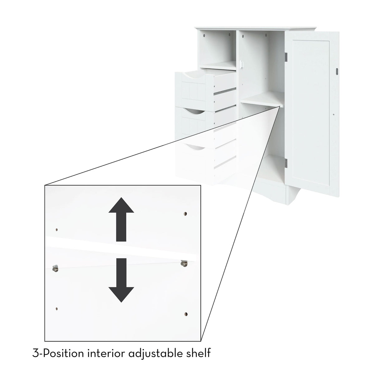 Home Ashland Single Door Bathroom & Laundry Storage Cabinet with 3 Drawers, Open Cubby & Adjustable Shelf, White Y6Z5 - product image 5