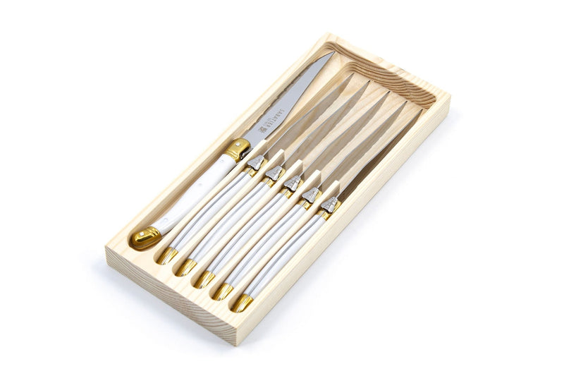 Laguiole Steak Knife Set, White/Gold, 6-pc B0F4