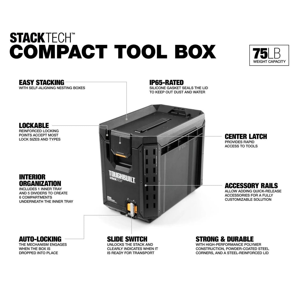 StackTech Half Portable Modular Plastic/Metal Tool Box with Inner Tray and 5 Dividers, IP65-Rated, Black B3V1 - product image 2