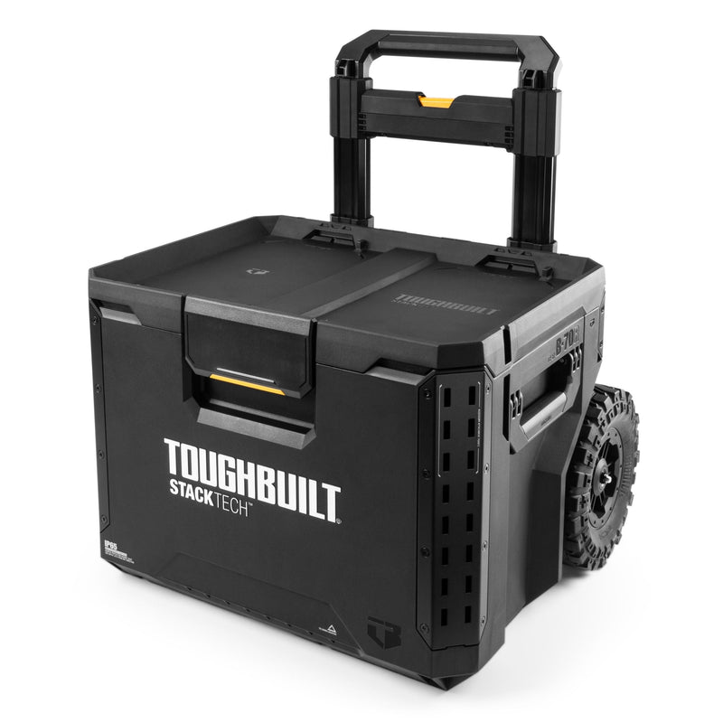 StackTech Portable Modular Plastic/Metal Rolling Tool Box with Handle and Inner Tray, IP65-Rated, Black W7D2