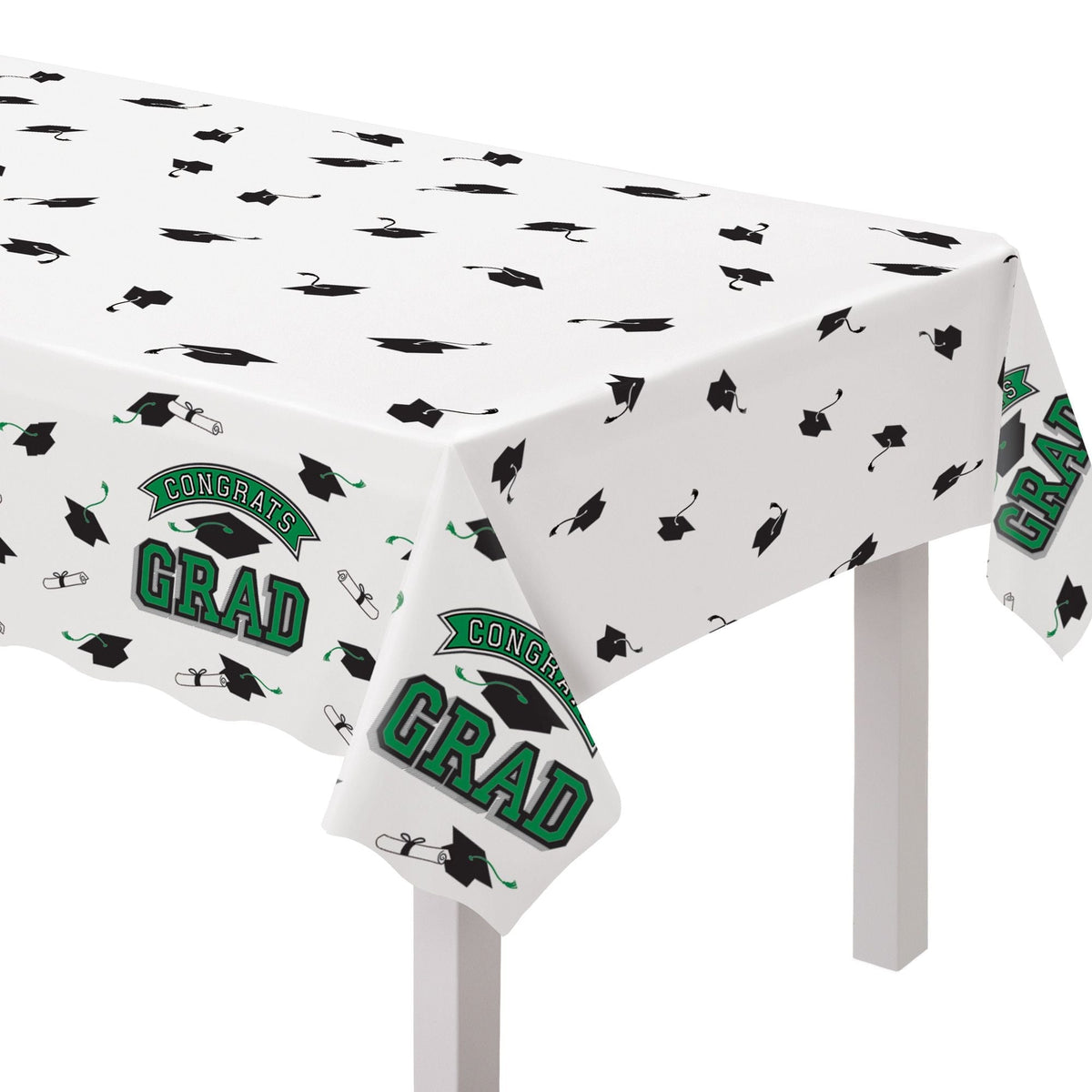 "Congrats Grad" Rectangle Plastic Reusable Table Cover, Green, 54x84-in, for Graduation D3W8 - product image 1