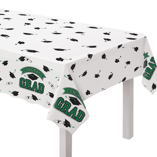 "Congrats Grad" Rectangle Plastic Reusable Table Cover, Green, 54x84-in, for Graduation D3W8