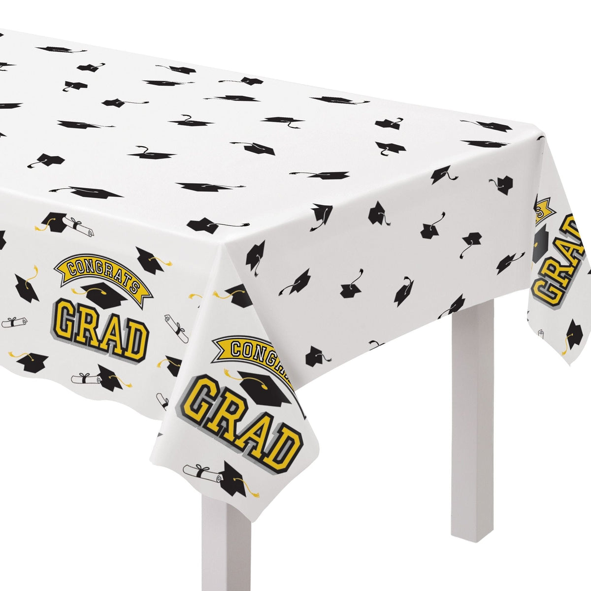 "Congrats Grad" Rectangle Plastic Reusable Table Cover, Yellow, 54x84-in, for Graduation O3B5 - product image 1