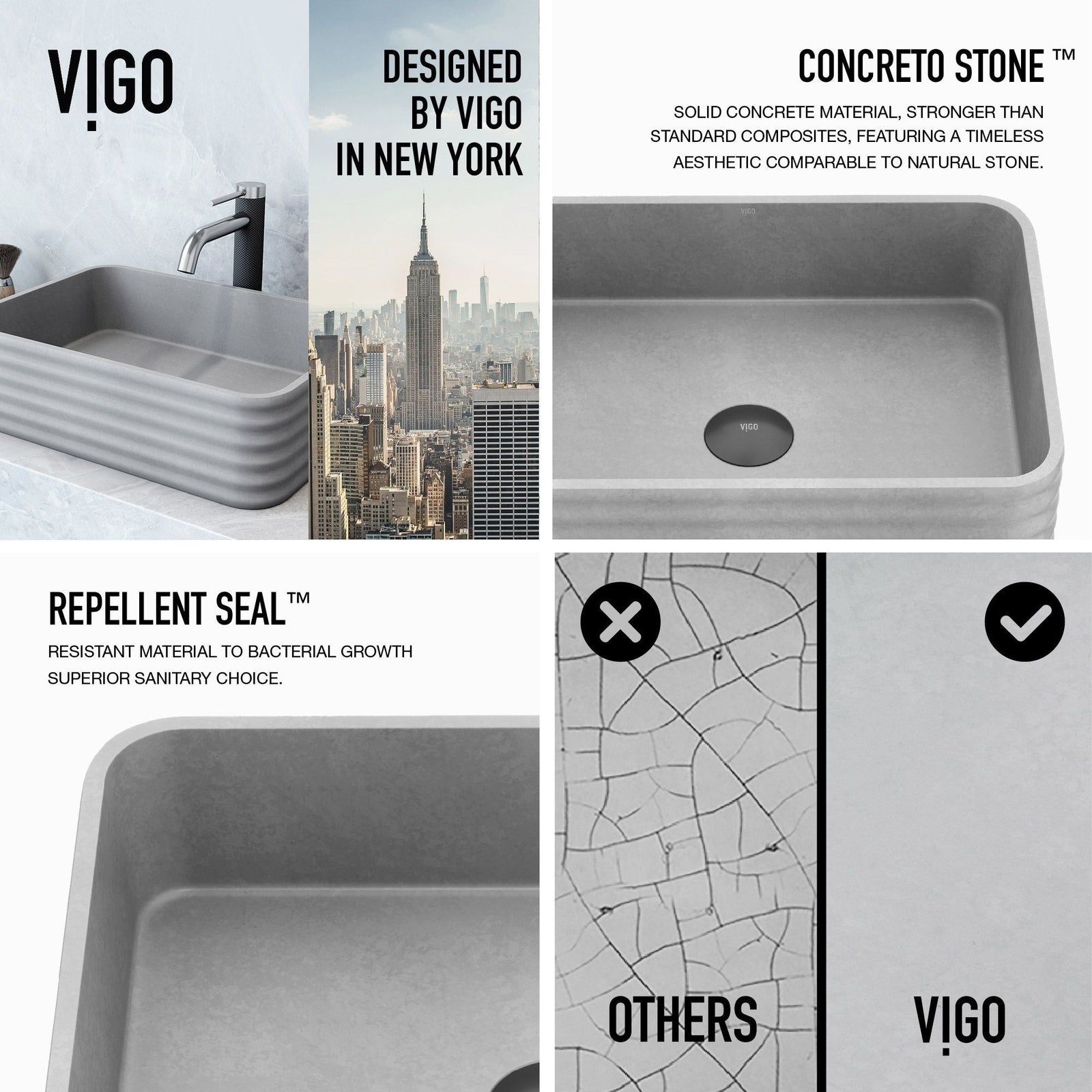 Cadman ConcretoStone Grey Bathroom Sink/Basin Set with Lexington Faucet and Rectangular Vessel E9H7 - product image 3