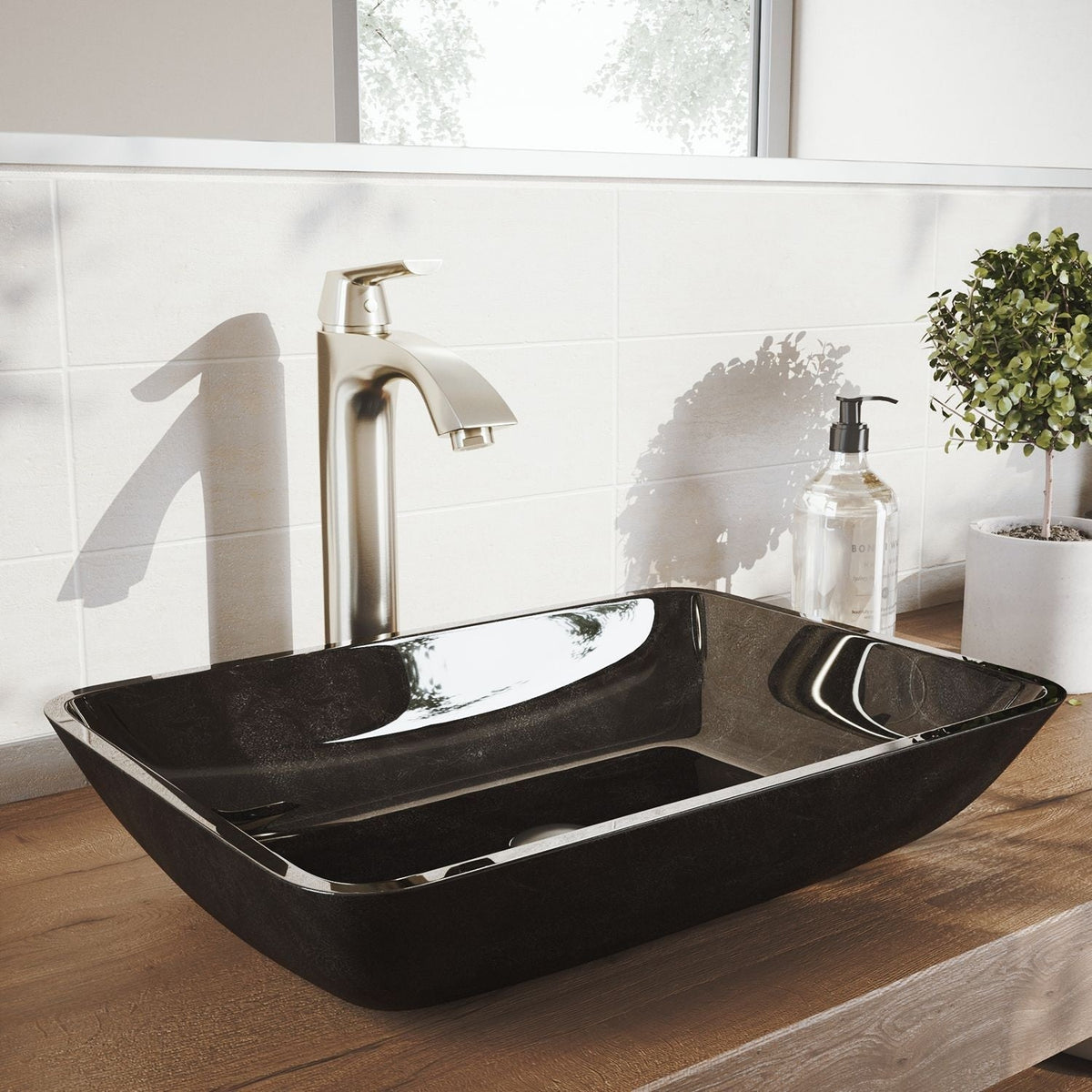 Glass Grey Onyx Bathroom Sink/Basin Set with Linus Faucet and Rectangular Vessel K5C9 - product image 8
