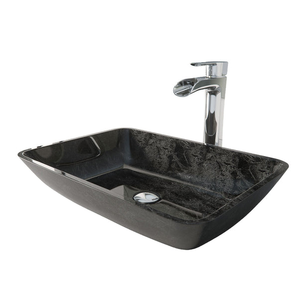 Glass Grey Onyx Bathroom Sink/Basin Set with Niko Faucet and Rectangular Vessel T4N0