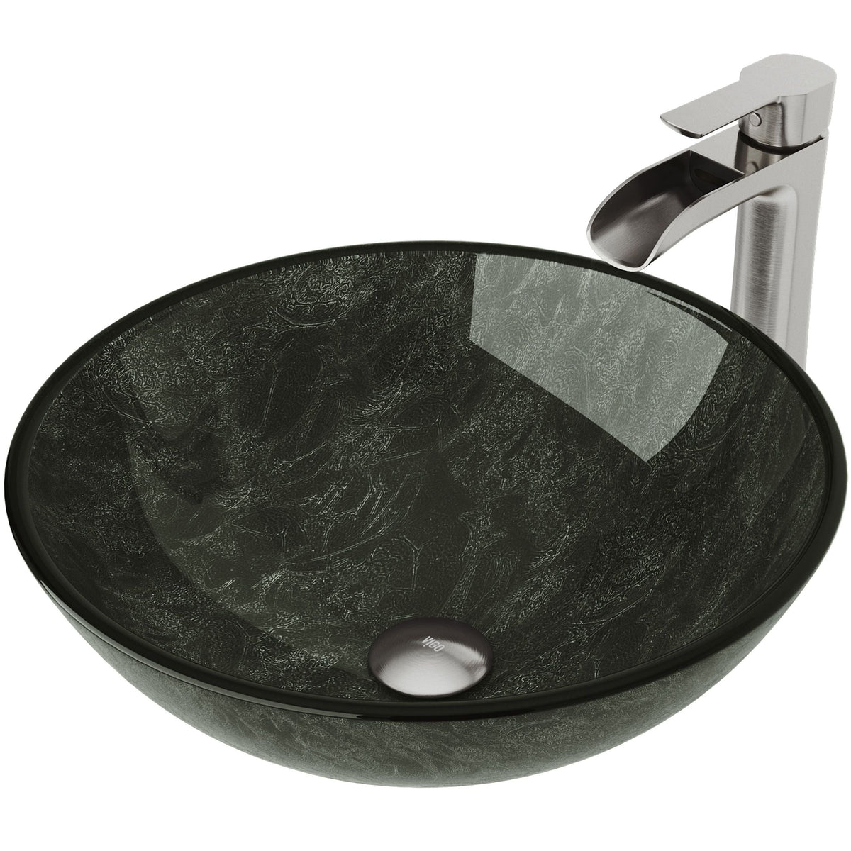 Glass Grey Onyx Bathroom Sink/Basin Set with Niko Faucet and Round Vessel A8N6 - product image 1