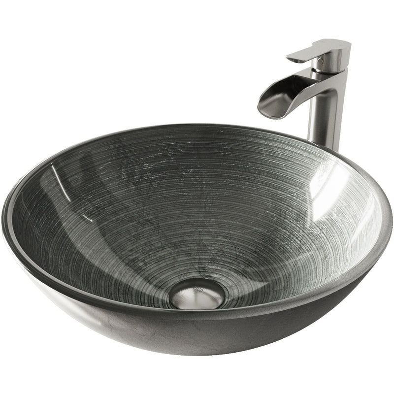 Glass Simply Silver Bathroom Sink/Basin Set with Niko Faucet and Round Vessel N4B3
