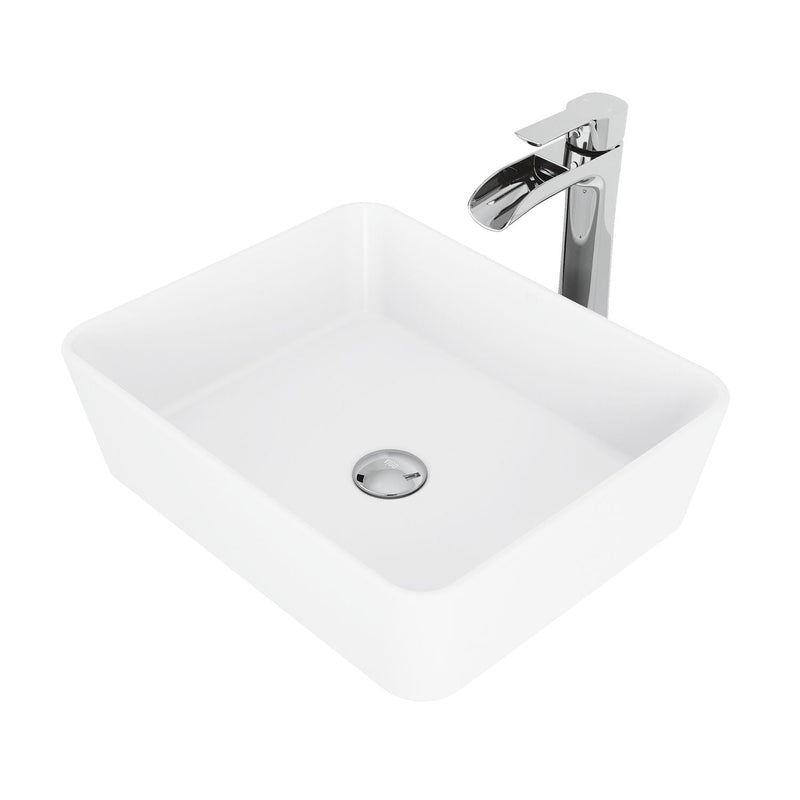 Marigold MatteStone White Bathroom Sink/Basin Set with Niko Faucet and Rectangular Composite Vessel T1I2