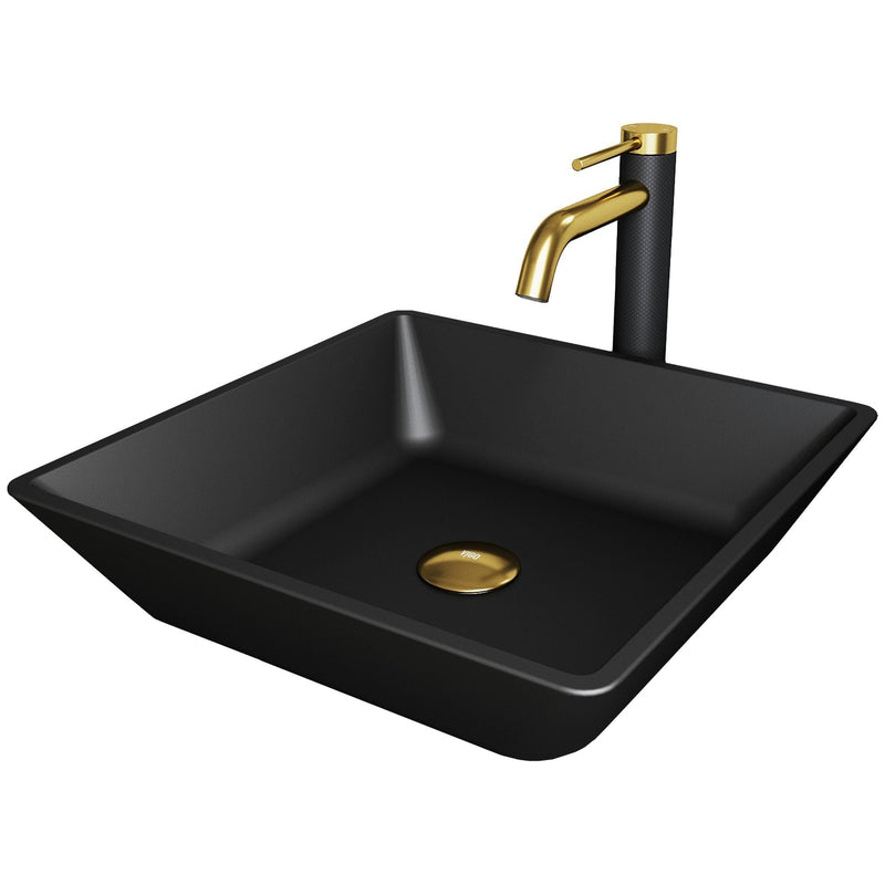 Roma MatteShell Matte Black Bathroom Sink/Basin Set with Lexington Faucet and Glass Square Vessel S4M1